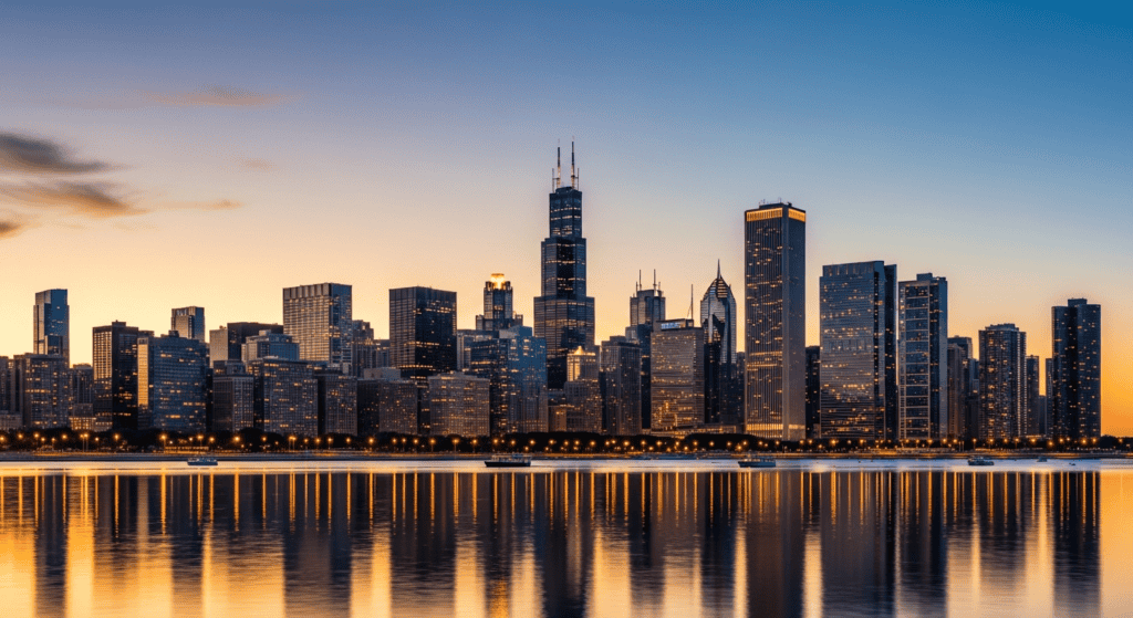 Chicago skyline along Lake Michigan travel photo for cheap flights guide