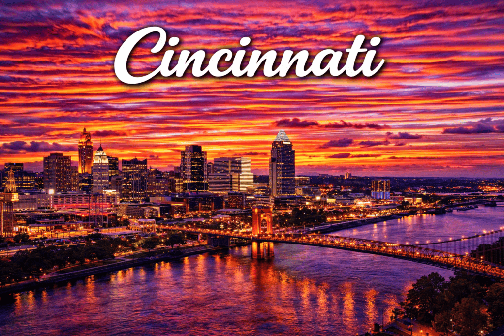 Cincinnati Ohio skyline and riverfront at sunset with bridge views