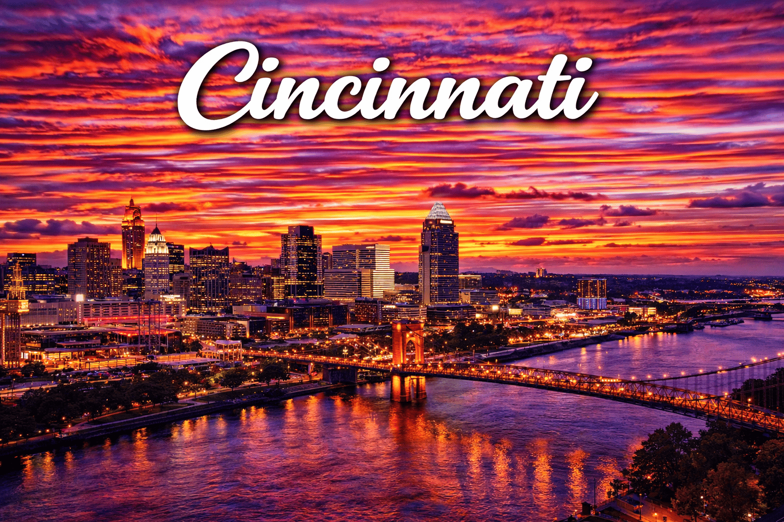 Cincinnati Ohio skyline and riverfront at sunset with bridge views