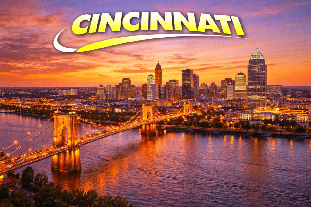 Skyline of Cincinnati at sunset with river views and golden sky for cheap flights travel page