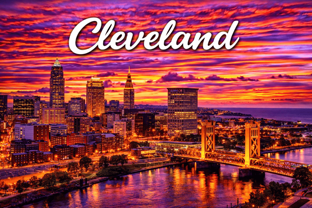 Cleveland Ohio skyline along Lake Erie at sunset with city lights