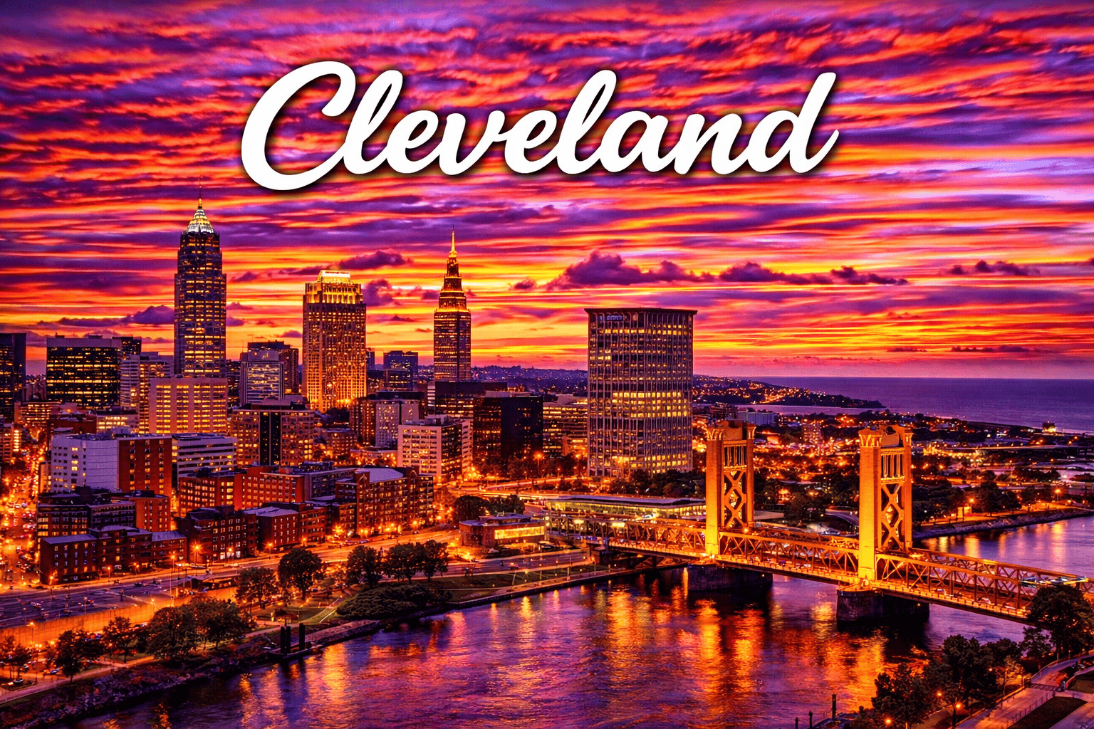 Cleveland Ohio skyline along Lake Erie at sunset with city lights