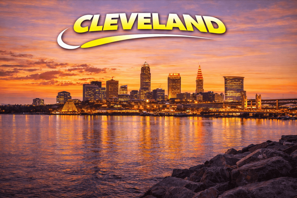 Skyline of Cleveland at sunset with lake views and golden sky for cheap flights travel page