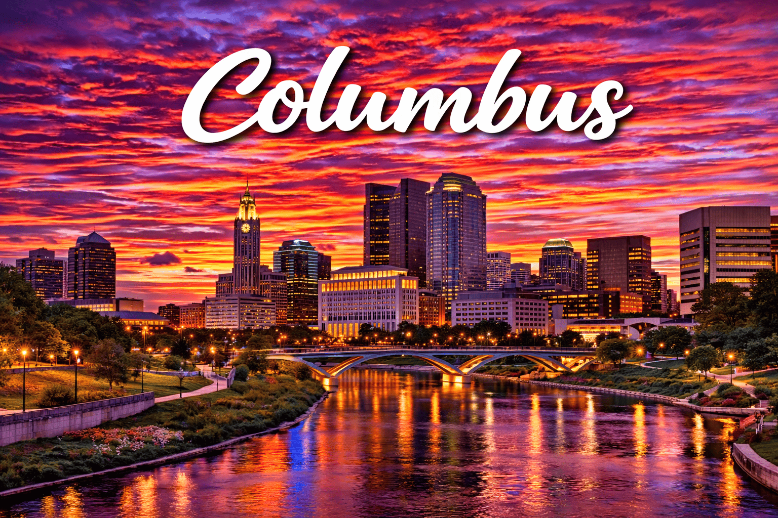 Columbus Ohio skyline at sunset with river reflections and city lights