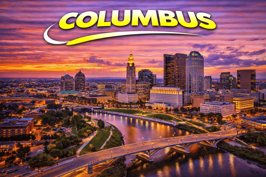 Skyline of Columbus at sunset with golden sky and city lights for cheap flights travel page