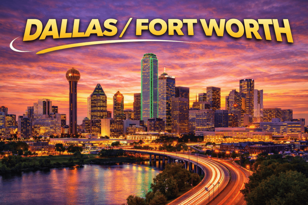 Skyline of Dallas at sunset with golden sky and city lights for cheap flights travel page