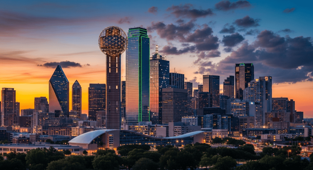 Dallas skyline with Reunion Tower travel photo for cheap flights guide