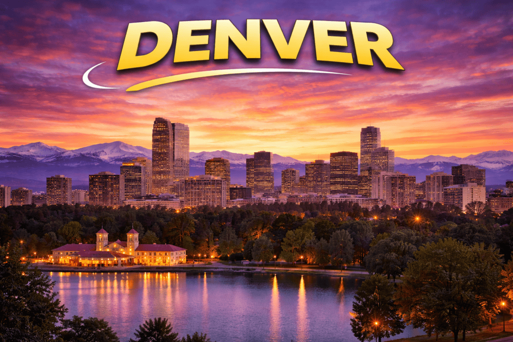 Skyline of Denver at sunset with mountains and golden sky for cheap flights travel page