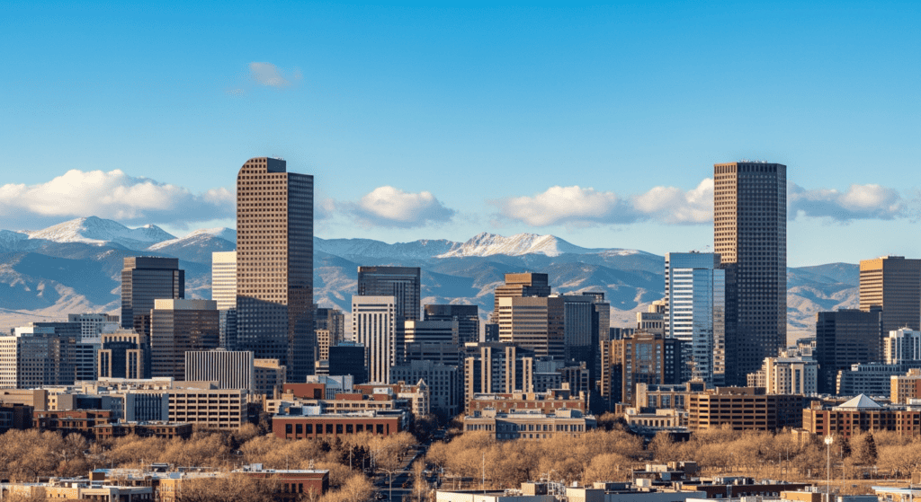 Denver skyline with Rocky Mountains travel photo for cheap flights guide