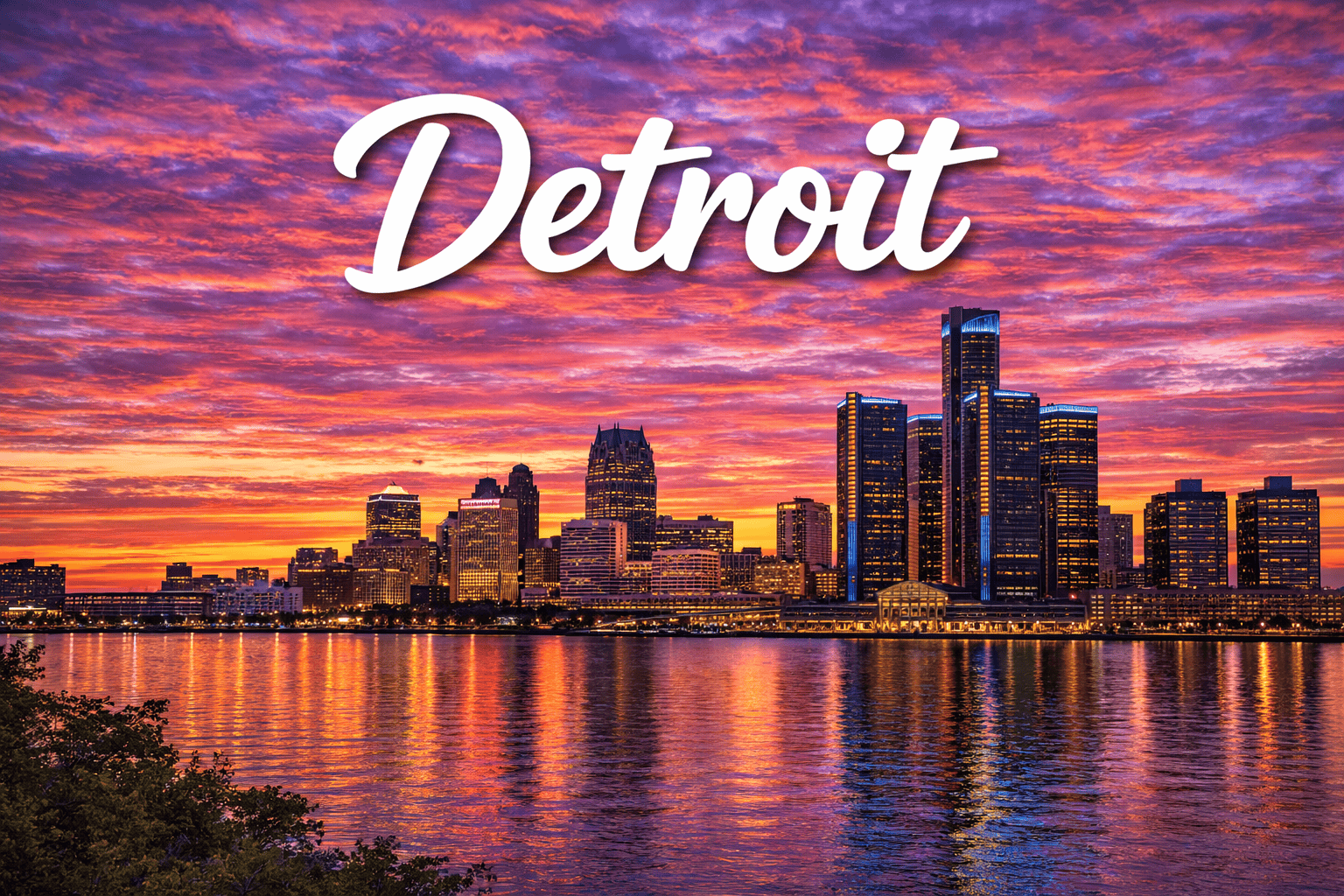 Detroit Michigan skyline and riverfront at sunset destination banner for cheap flights to Detroit