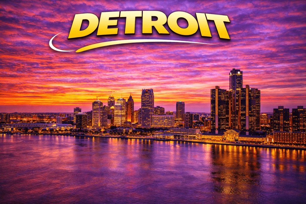 Skyline of Detroit at sunset with riverfront and golden sky for cheap flights travel page