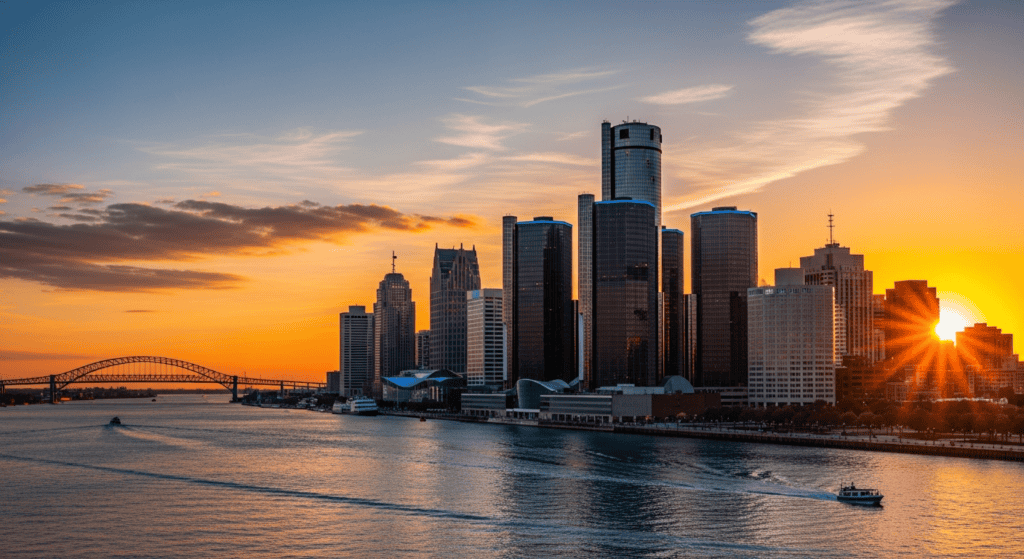 Detroit skyline along Detroit River travel photo for cheap flights guide