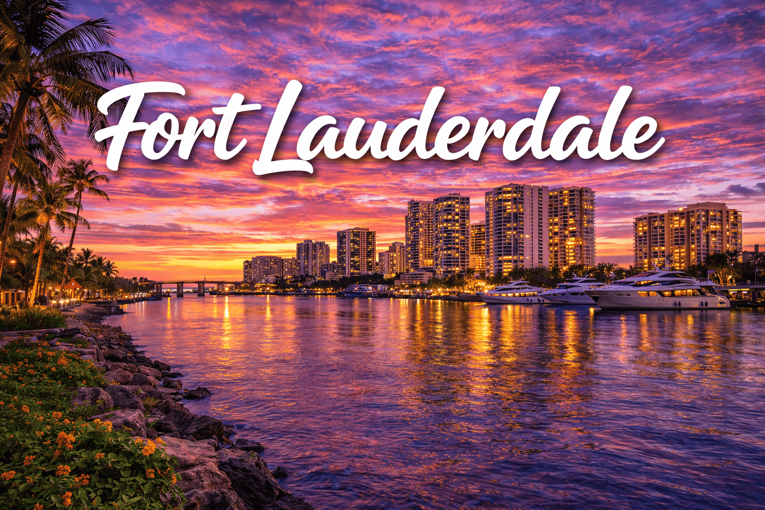 Fort Lauderdale Florida skyline and coastline at sunset destination banner for cheap flights to Fort Lauderdale