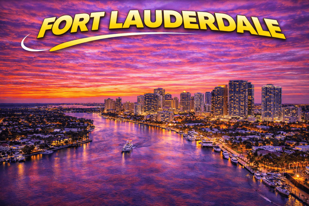 Fort Lauderdale coastline at sunset with golden sky and ocean views for cheap flights travel page