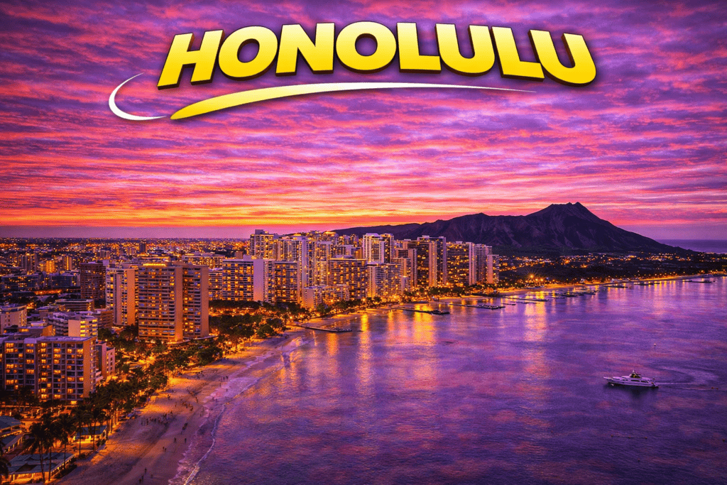 Honolulu beach skyline at sunset with ocean views and golden sky for cheap flights travel page