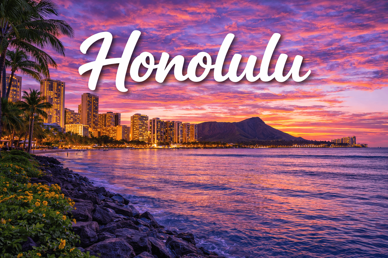 Honolulu Hawaii Waikiki skyline and ocean at sunset destination banner for cheap flights to Honolulu