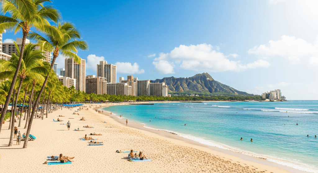 Honolulu skyline and Waikiki Beach travel photo for cheap flights guide