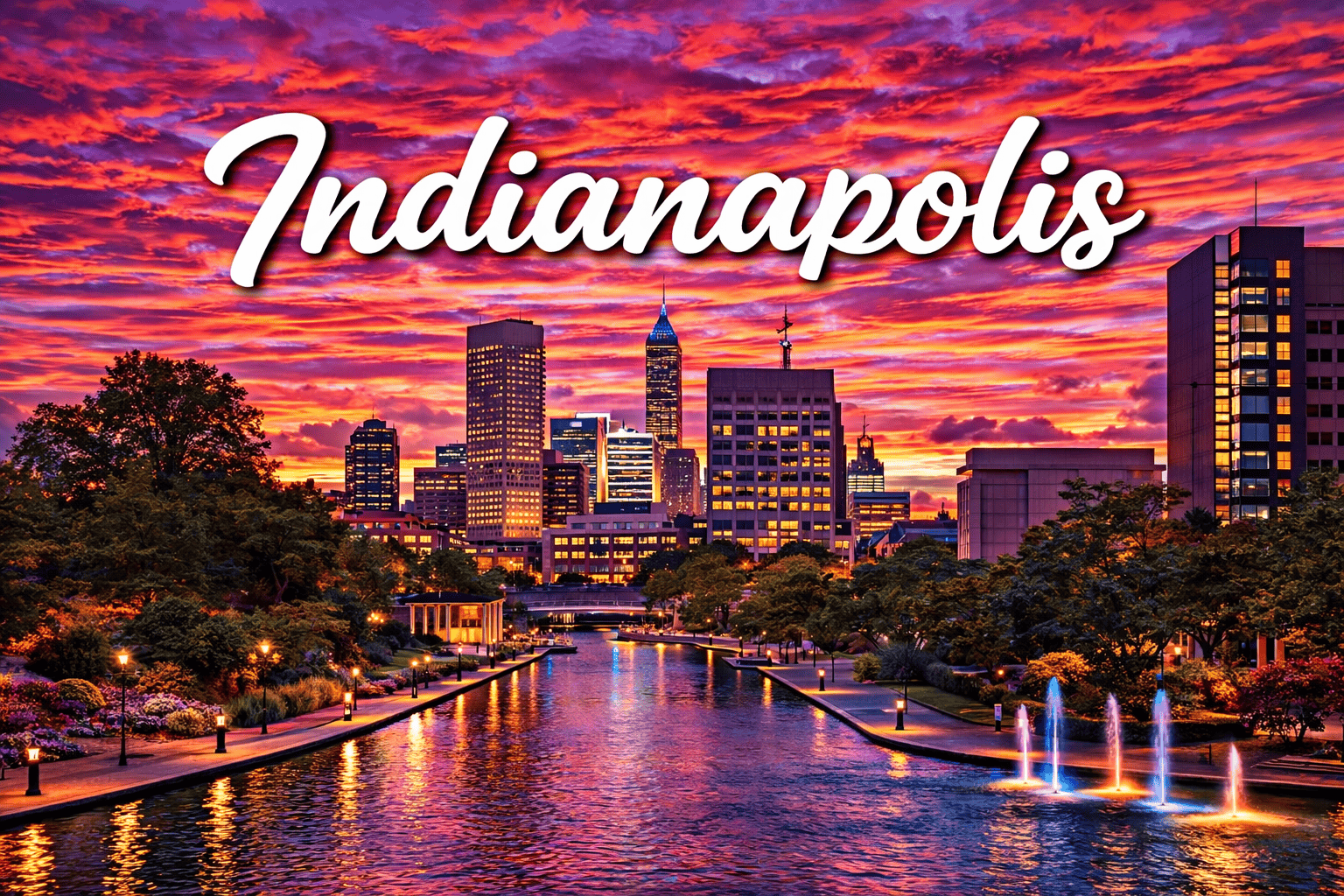 Indianapolis Indiana skyline at sunset with downtown buildings and lights