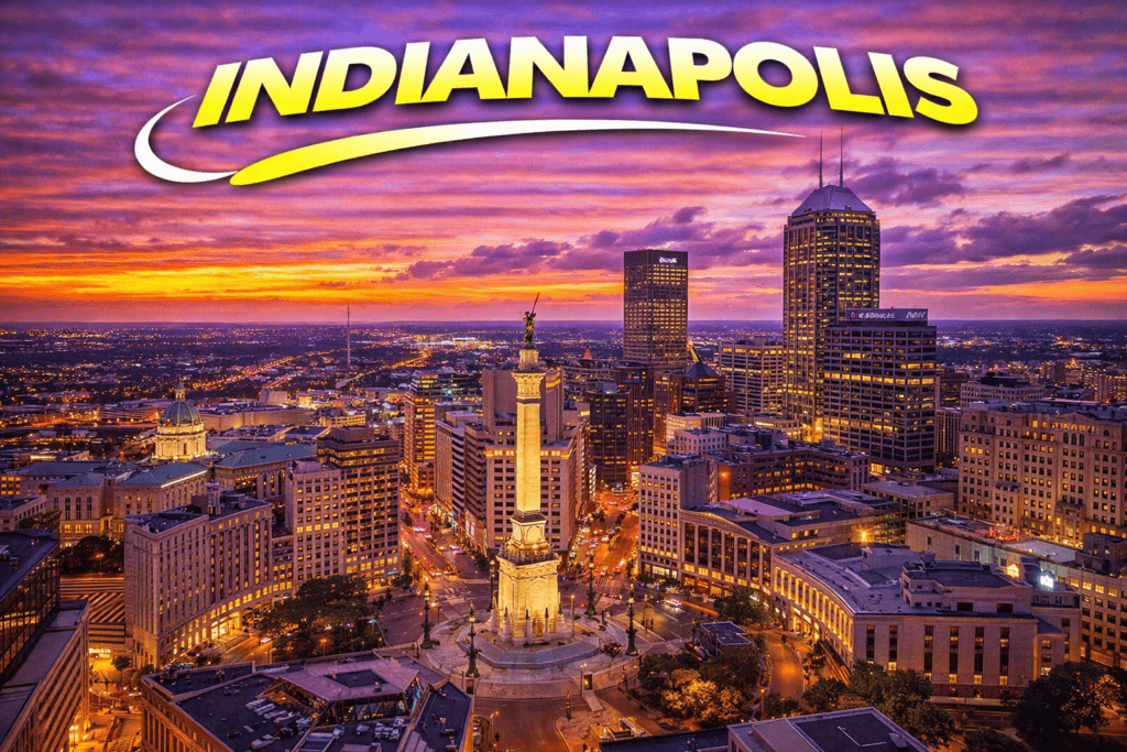 Skyline of Indianapolis at sunset with golden sky and city lights for cheap flights travel page