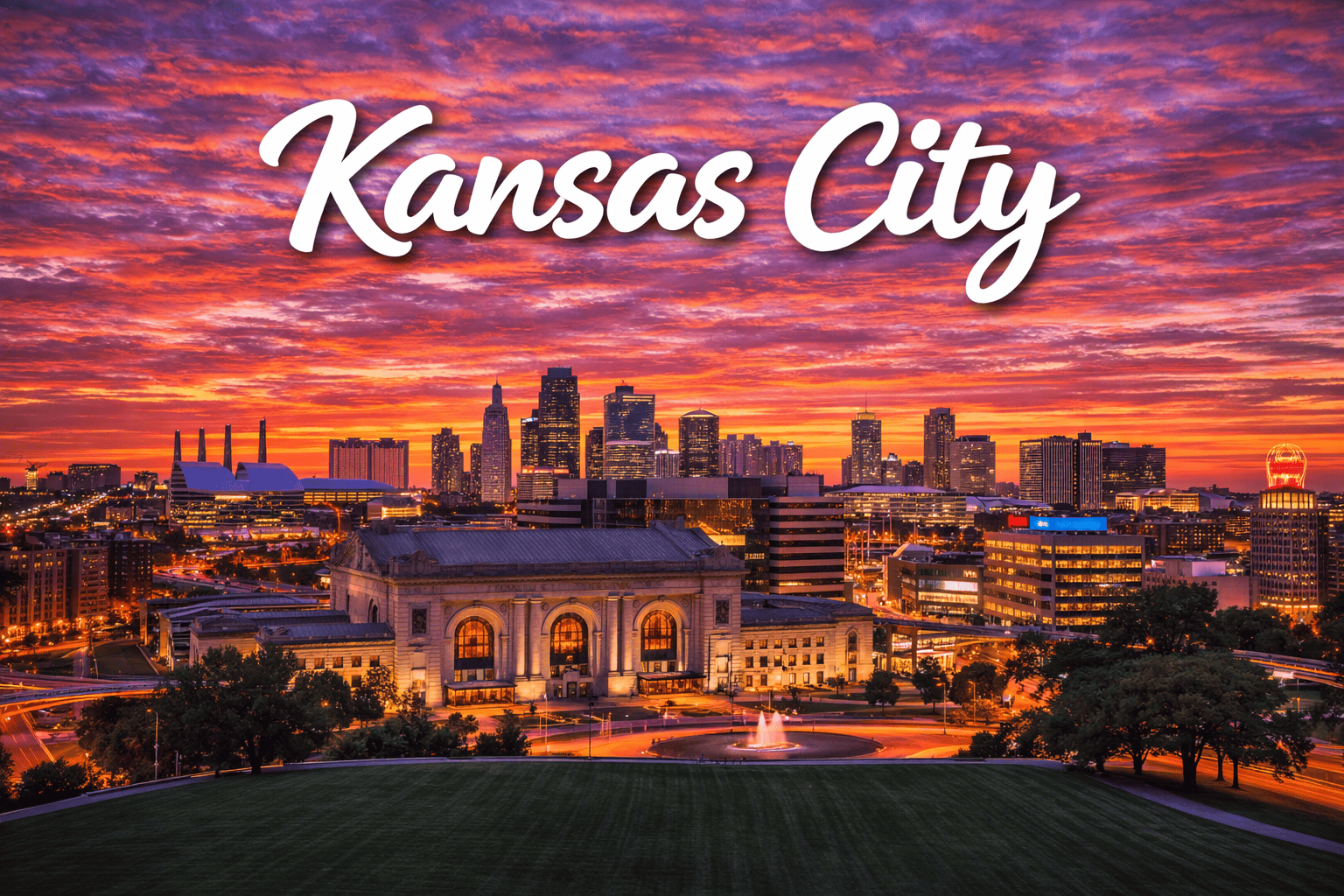 Kansas City Missouri skyline and Union Station at sunset destination banner for cheap flights to Kansas City