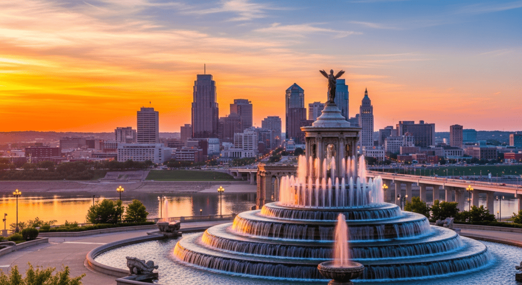 Kansas City skyline with fountains travel photo for cheap flights guide