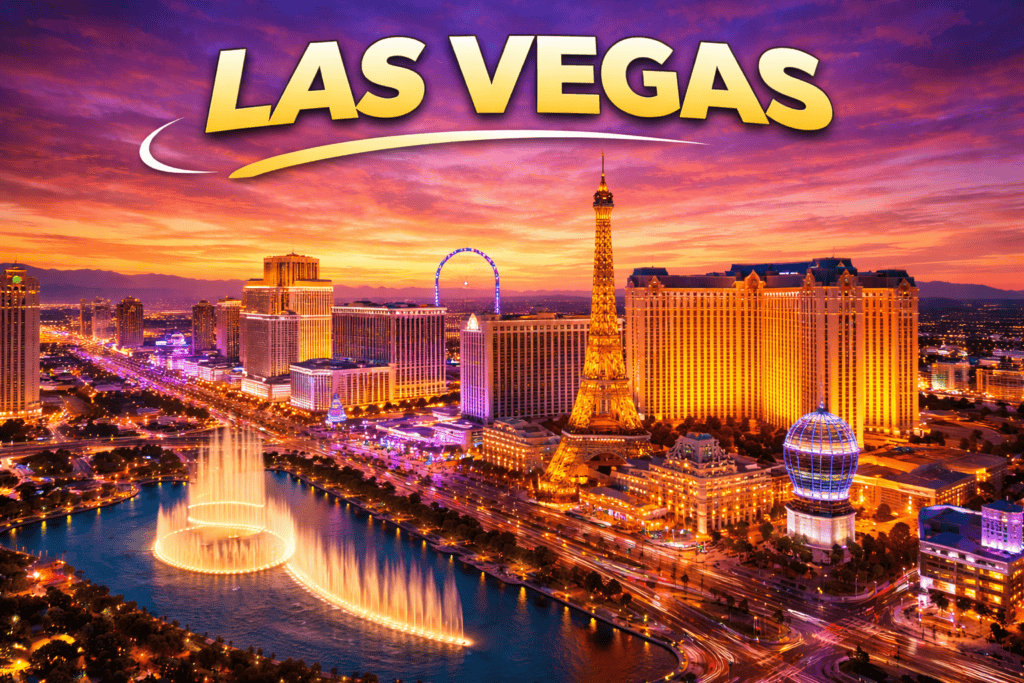 Skyline of Las Vegas at sunset with golden sky and city lights for cheap flights travel page