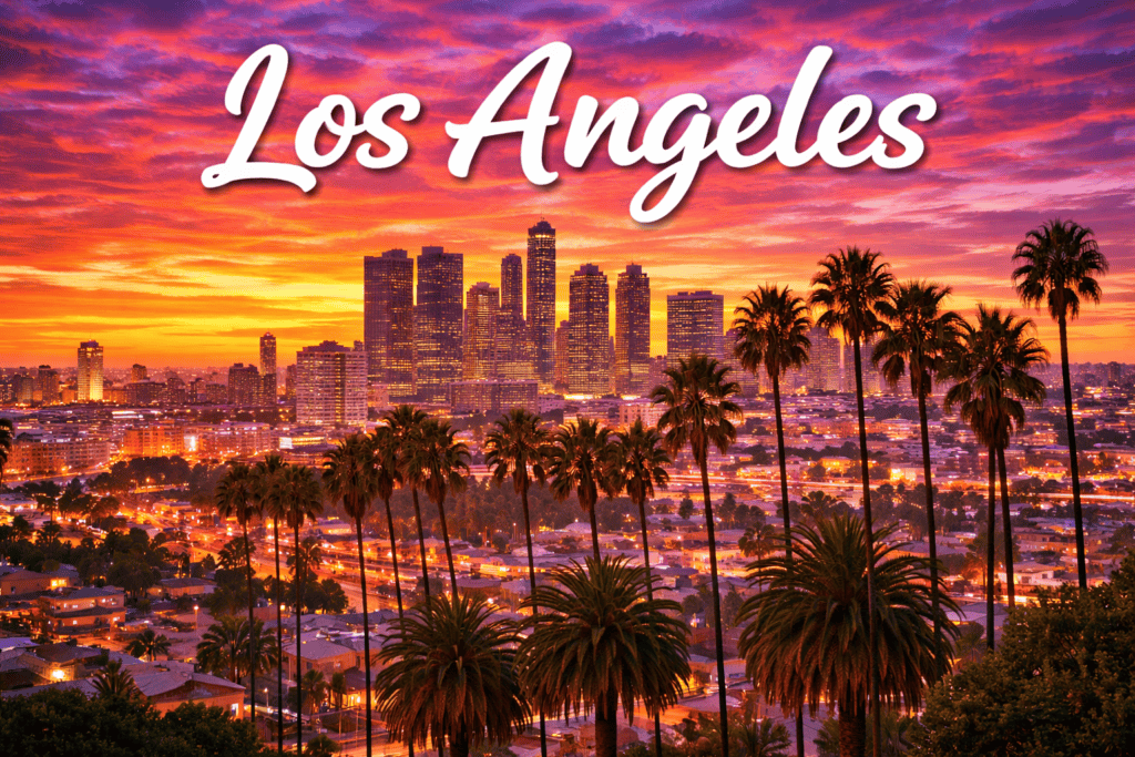 Los Angeles California skyline with palm trees at sunset destination banner for cheap flights to Los Angeles