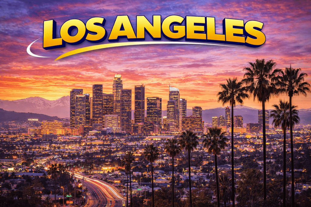 Skyline of Los Angeles at sunset with golden sky and city lights for cheap flights travel page