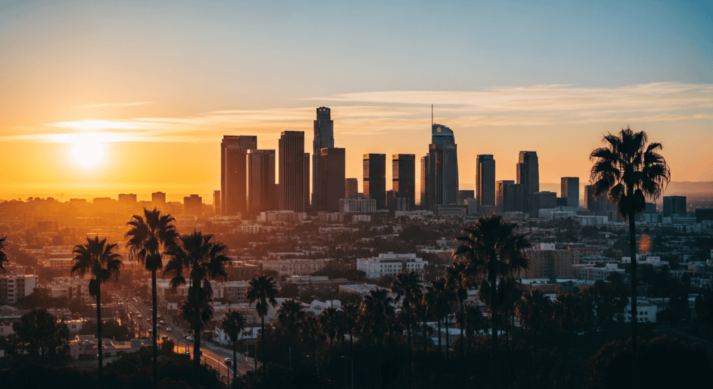 Los Angeles skyline with palm trees travel photo for cheap flights guide