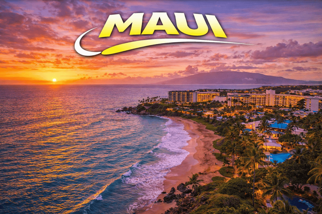 Maui coastline and resorts at sunset with ocean views and golden sky for cheap flights travel page