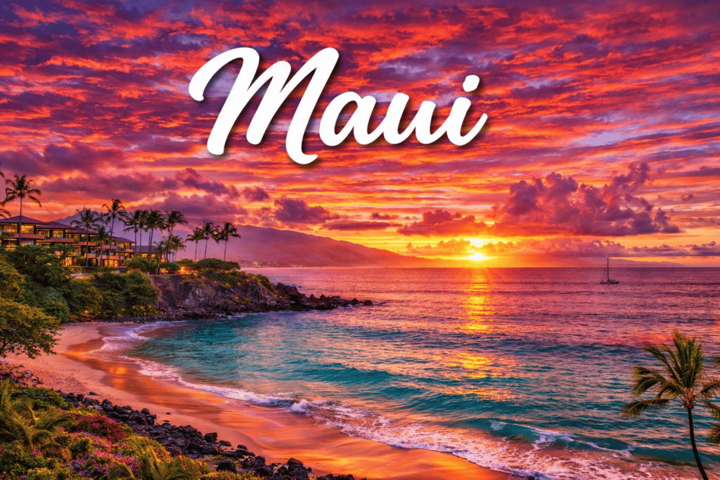 Maui Hawaii tropical coastline at sunset with ocean and palm trees