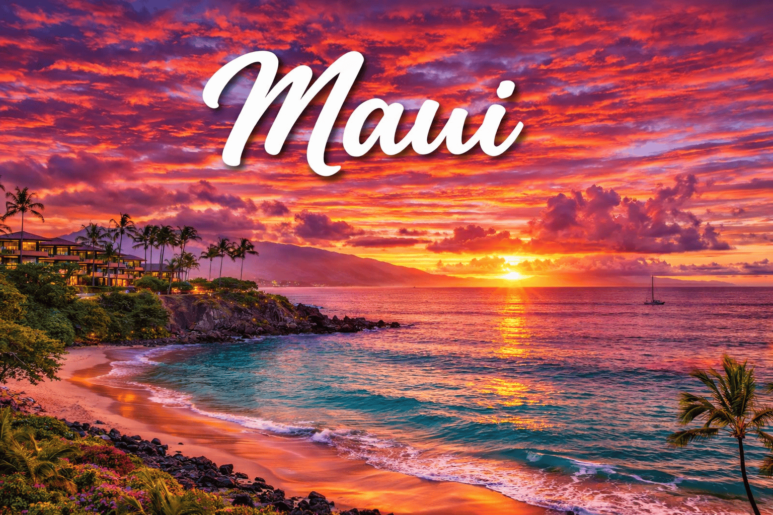 Maui Hawaii tropical coastline at sunset with ocean and palm trees