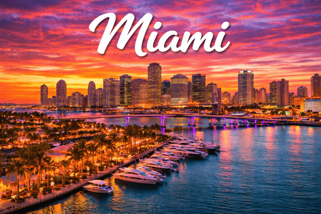 Miami Florida skyline and waterfront marina at sunset destination banner for cheap flights to Miami