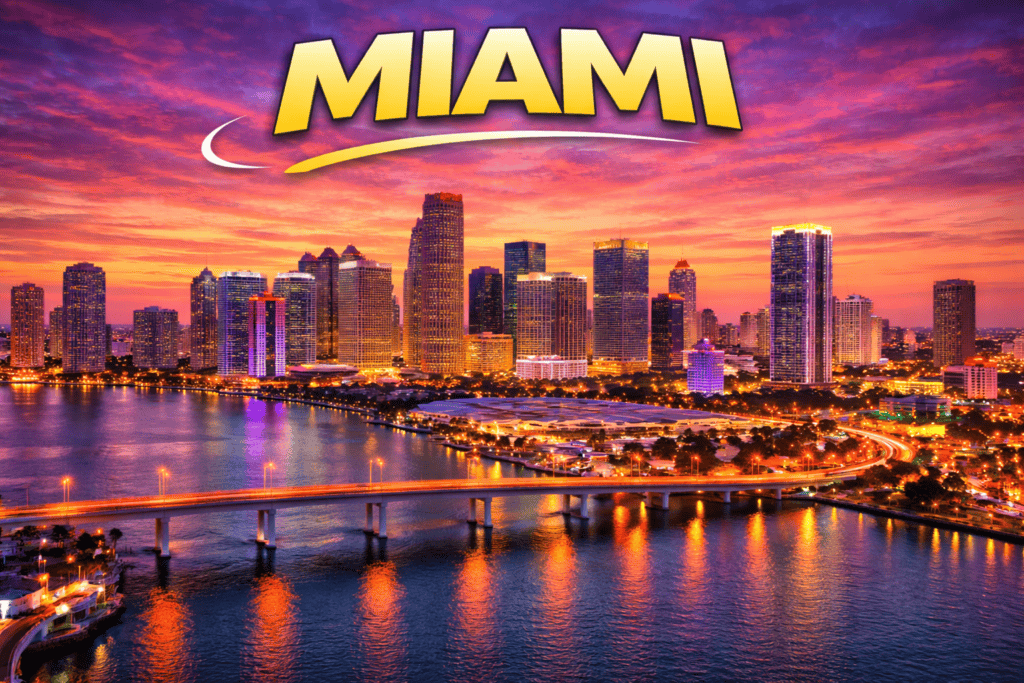 Skyline of Miami at sunset with golden sky and ocean views for cheap flights travel page