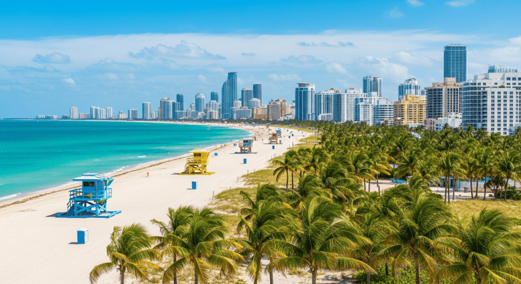 Miami skyline and South Beach coastline travel photo for cheap flights guide