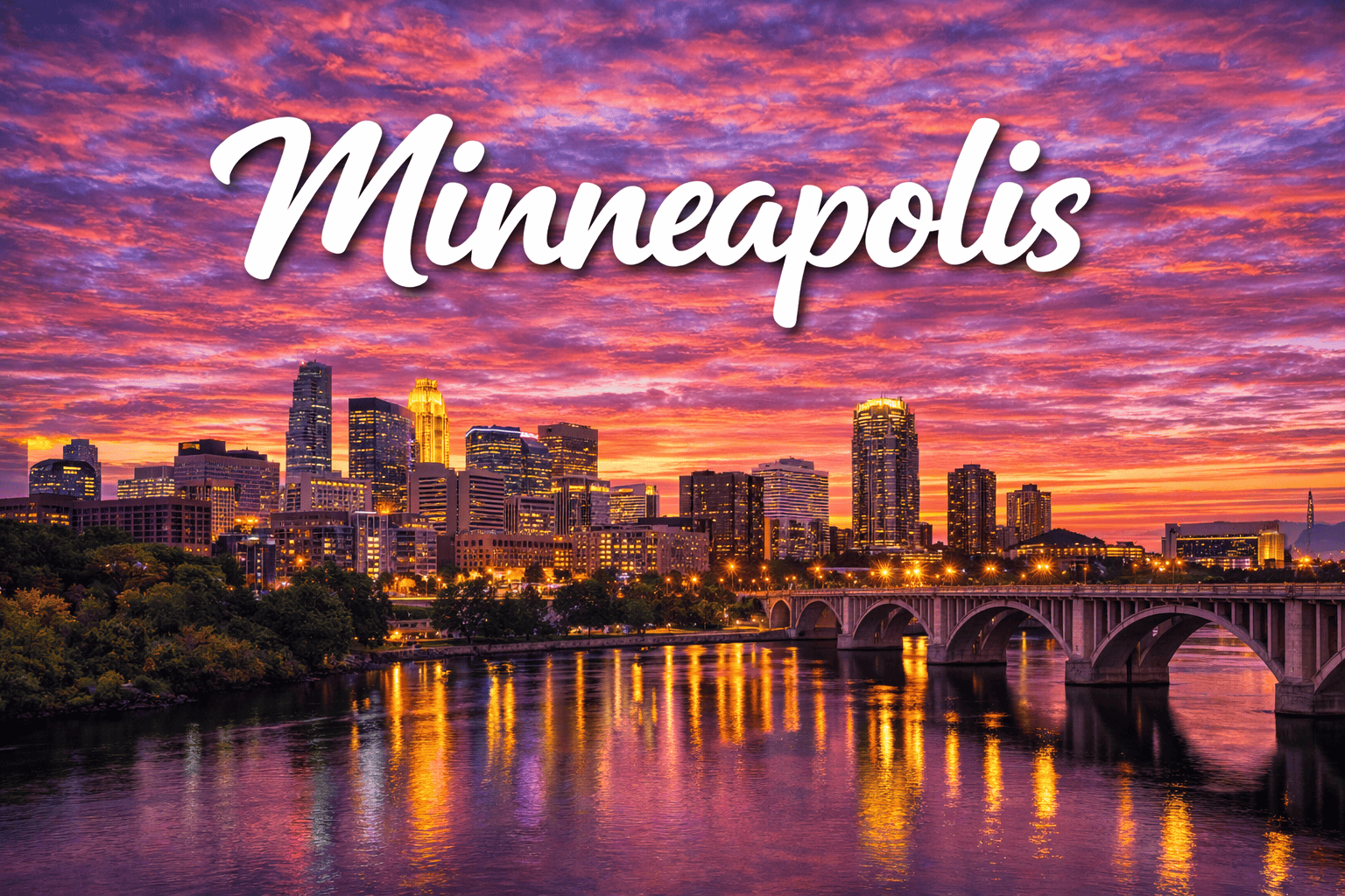 Minneapolis Minnesota skyline and Mississippi River at sunset destination banner for cheap flights to Minneapolis