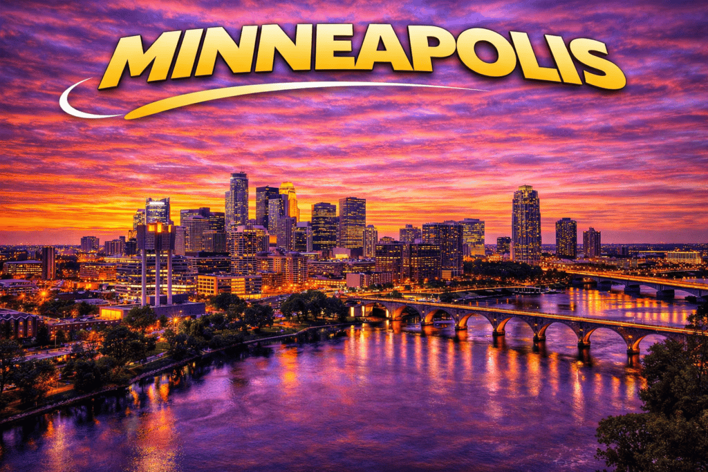 Skyline of Minneapolis at sunset with river views and golden sky for cheap flights travel page