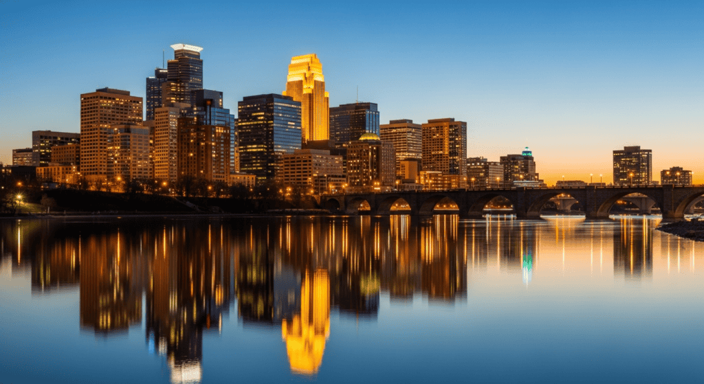 Minneapolis skyline along Mississippi River travel photo for cheap flights guide