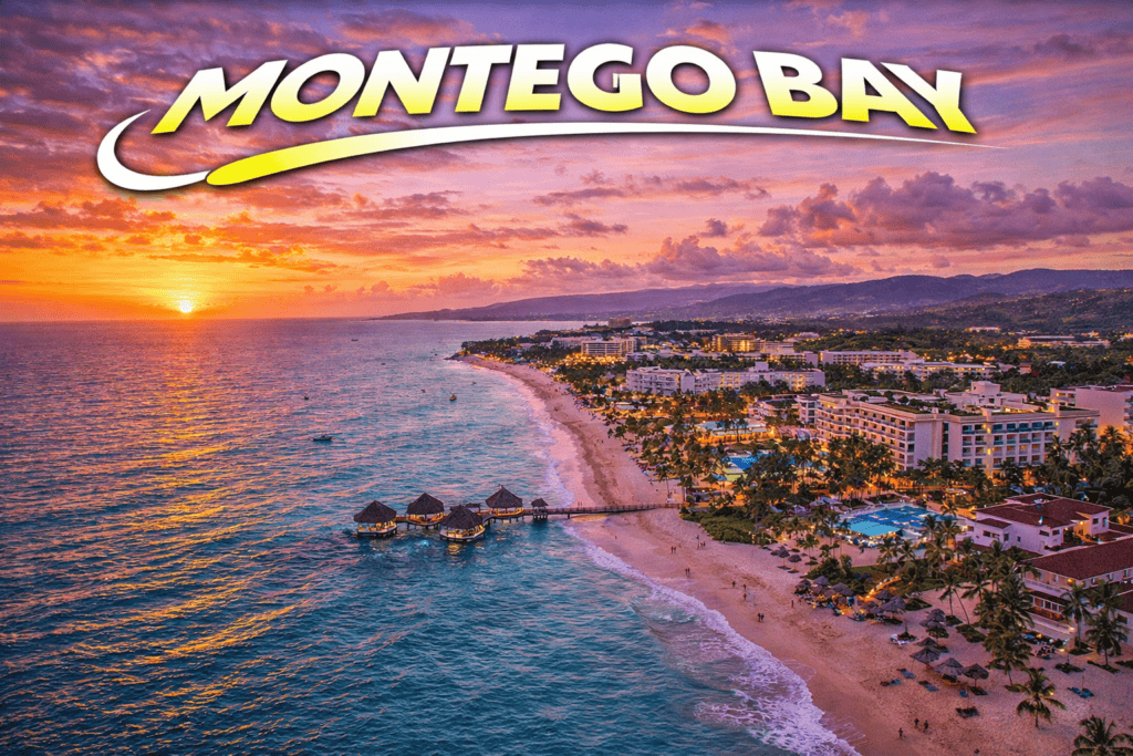 Montego Bay coastline at sunset with ocean views and golden sky for cheap flights travel page
