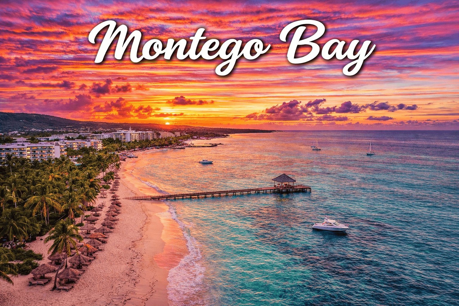 Montego Bay Jamaica tropical beach and resort coastline at sunset