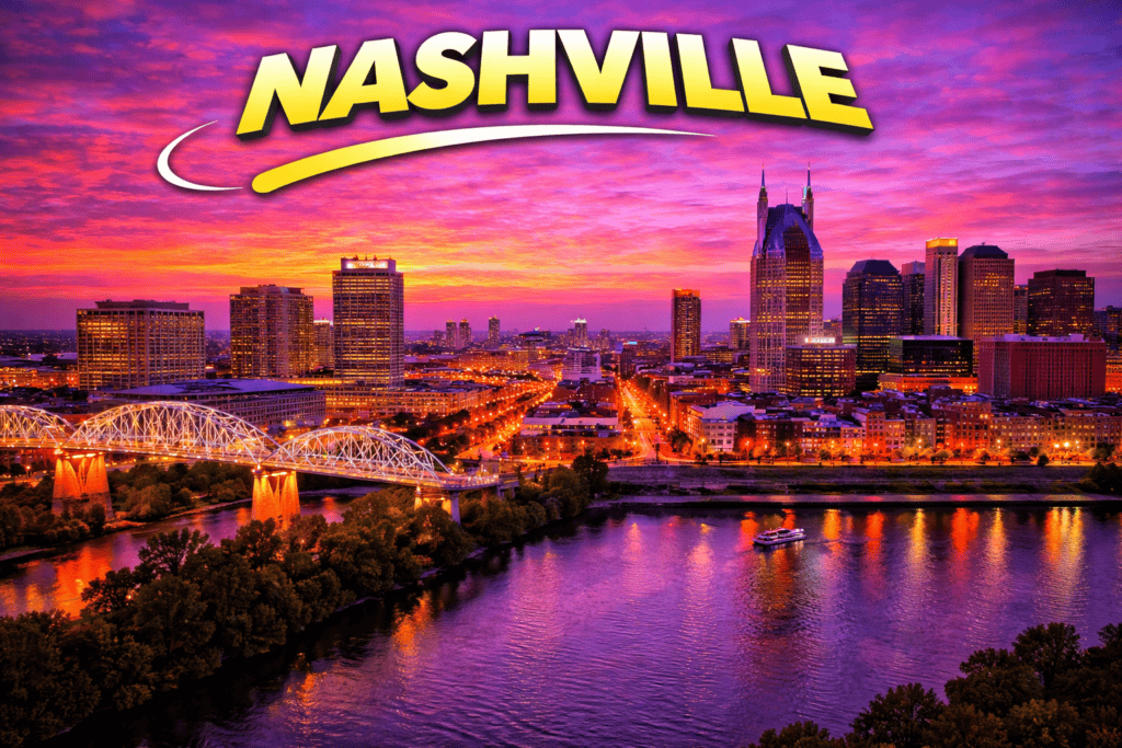 Skyline of Nashville at sunset with golden sky and city lights for cheap flights travel page