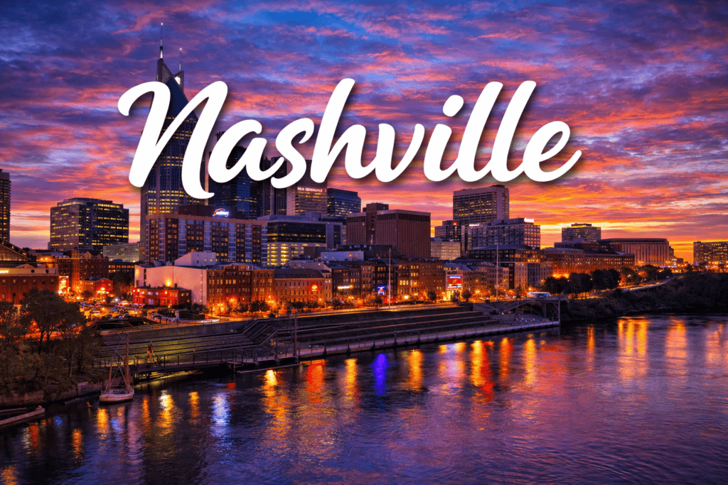 Nashville Tennessee skyline at dusk destination banner for cheap flights to Nashville