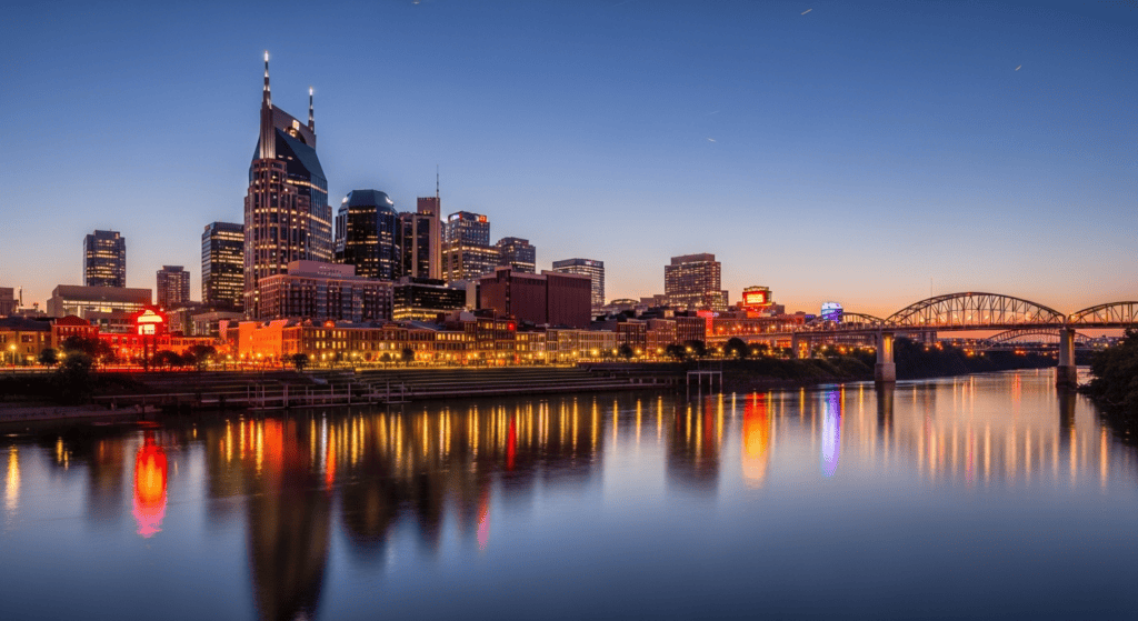 Nashville skyline along Cumberland River travel photo for cheap flights guide