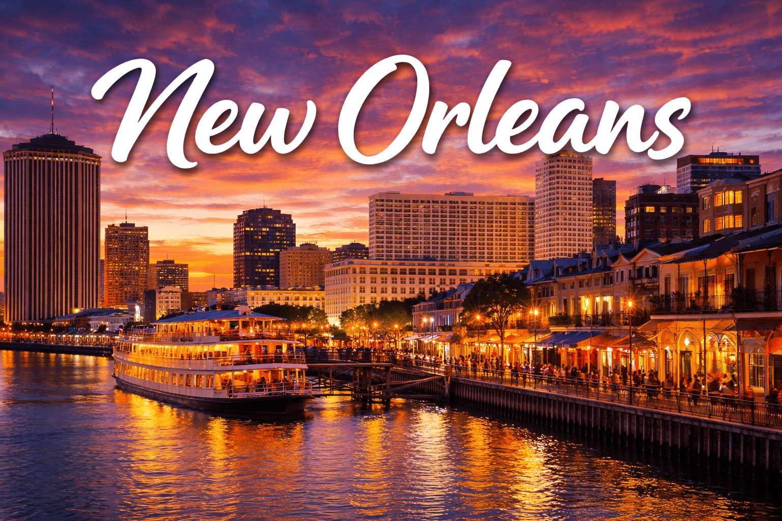 New Orleans Louisiana skyline and French Quarter at sunset destination banner for cheap flights to New Orleans