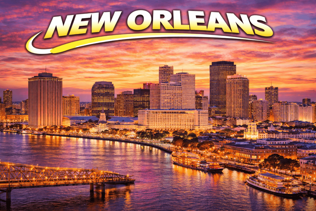 Skyline of New Orleans at sunset with golden sky and river views for cheap flights travel page