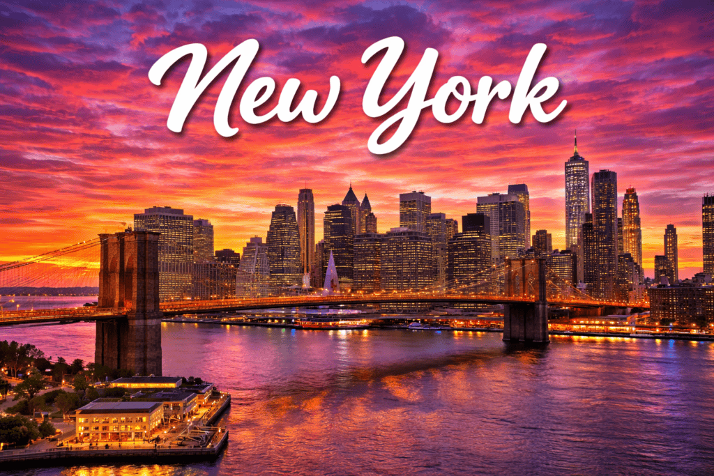 New York City skyline and Brooklyn Bridge at sunset destination banner for cheap flights to New York