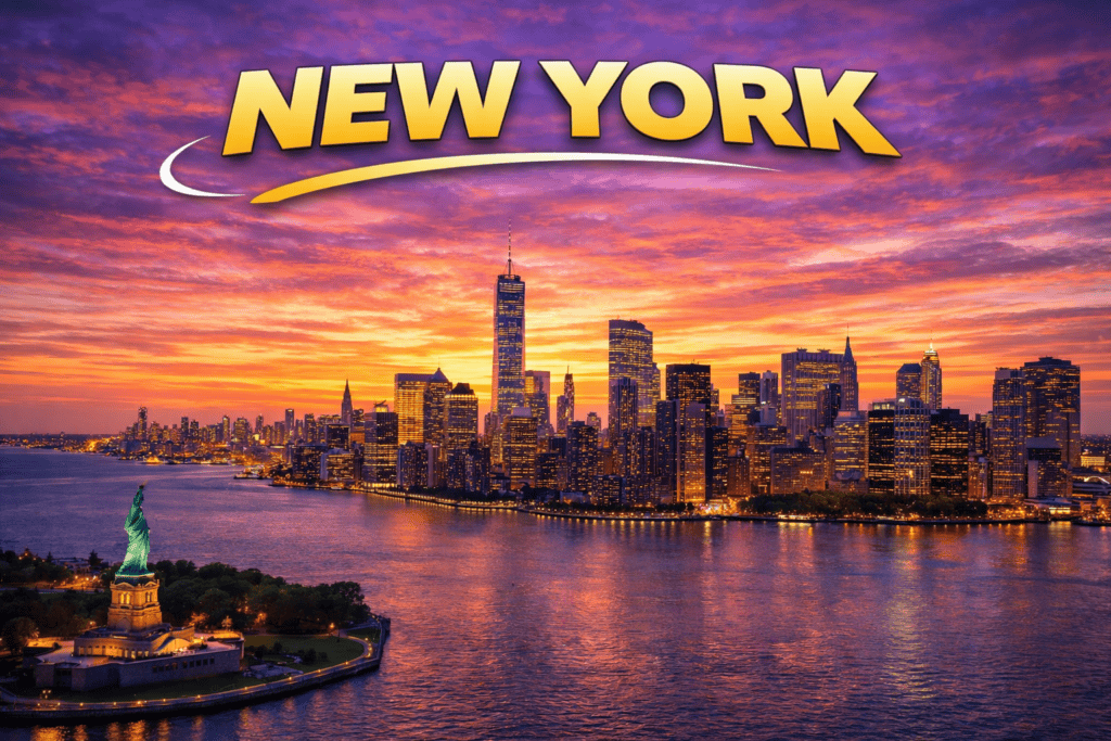 Skyline of New York at sunset with golden sky and city lights for cheap flights travel page