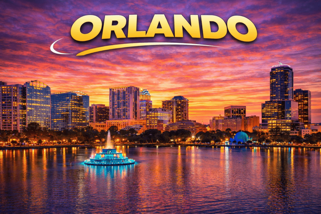 Skyline of Orlando at sunset with golden sky and city lights for cheap flights travel page