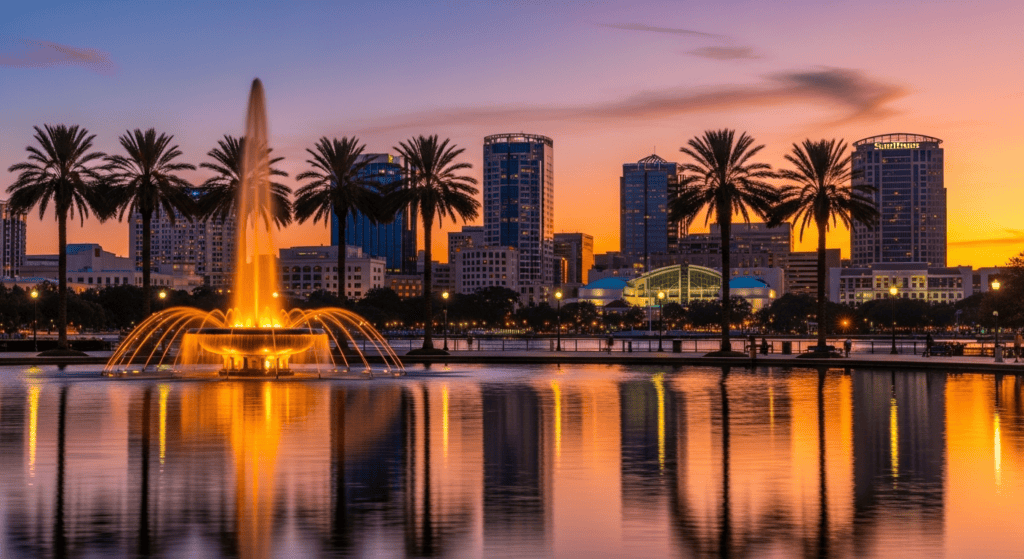 Orlando skyline and Lake Eola fountain travel photo for cheap flights guide