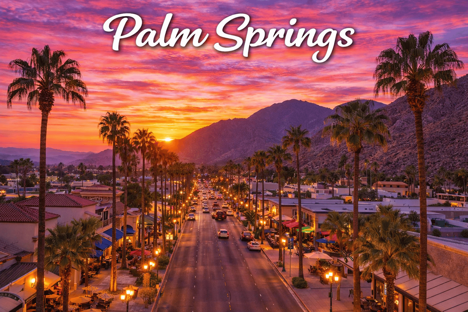 Palm Springs California palm lined street with mountains at sunset